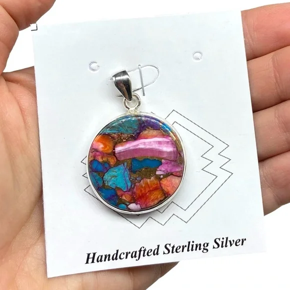 Kingman Pink Dahlia Turquoise Necklace Pendant Solid Sterling Silver 925 Western - Picture 3 of 7